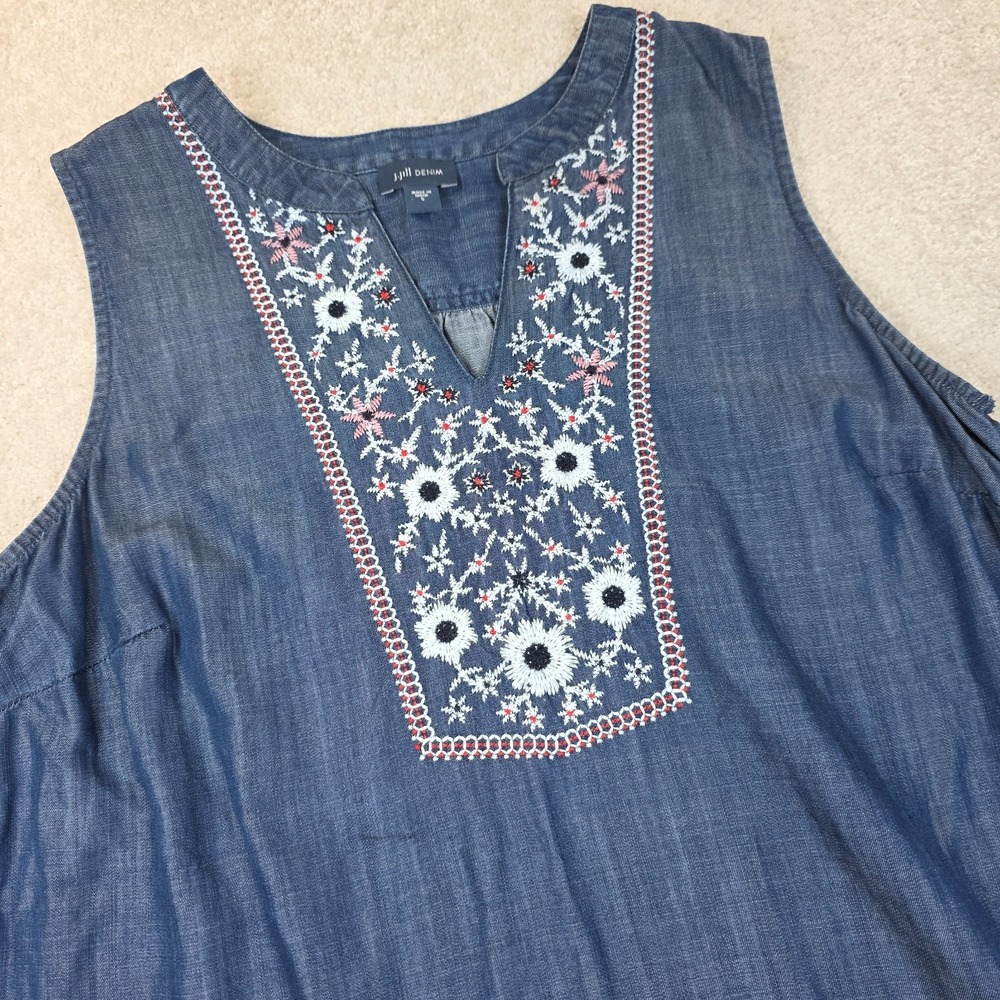 J.Jill Denim Tunic Top Womens S Blue Floral Embroidered Split V-Neck Sleeveless